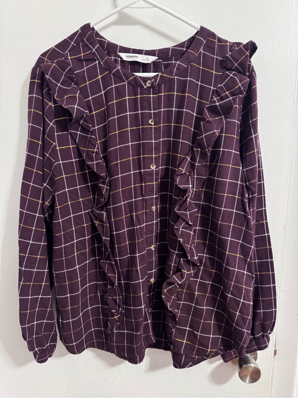 SONOMA Burgundy Plaid Button-Front Ruffle Blouse